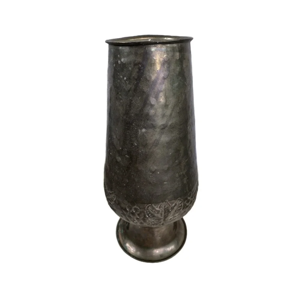 Vintage Distressed Tall Brass Embossed Urn Vase Vessel India 14.5